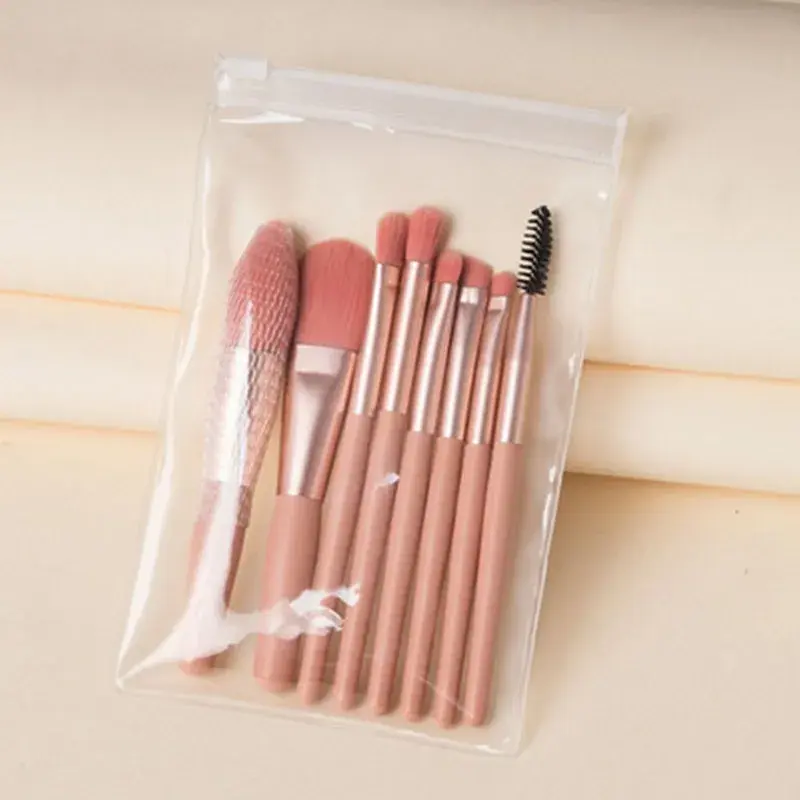 Mini Set Profesional 8 Pensule de Machiaj, cu Peri Moi și Densi, pentru Fond de Ten, Pudră, Blush, Fard și Sprâncene, Roz (5)