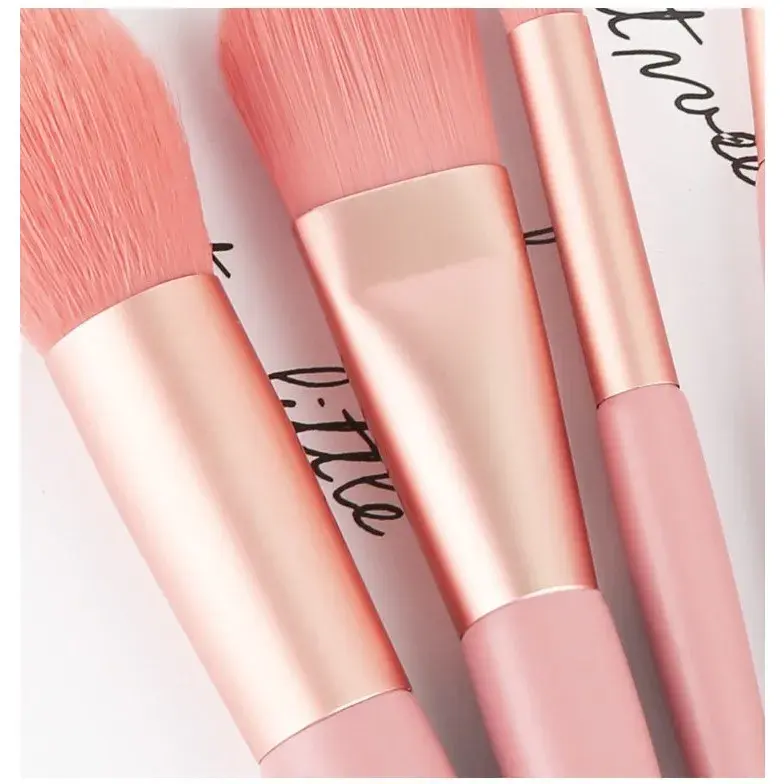 Mini Set Portabil cu 8 Pensule de Machiaj cu Husa cu Peri Moi și Densi, pentru Fond de Ten, Pudră, Blush, Fard și Sprâncene, Roz (6)