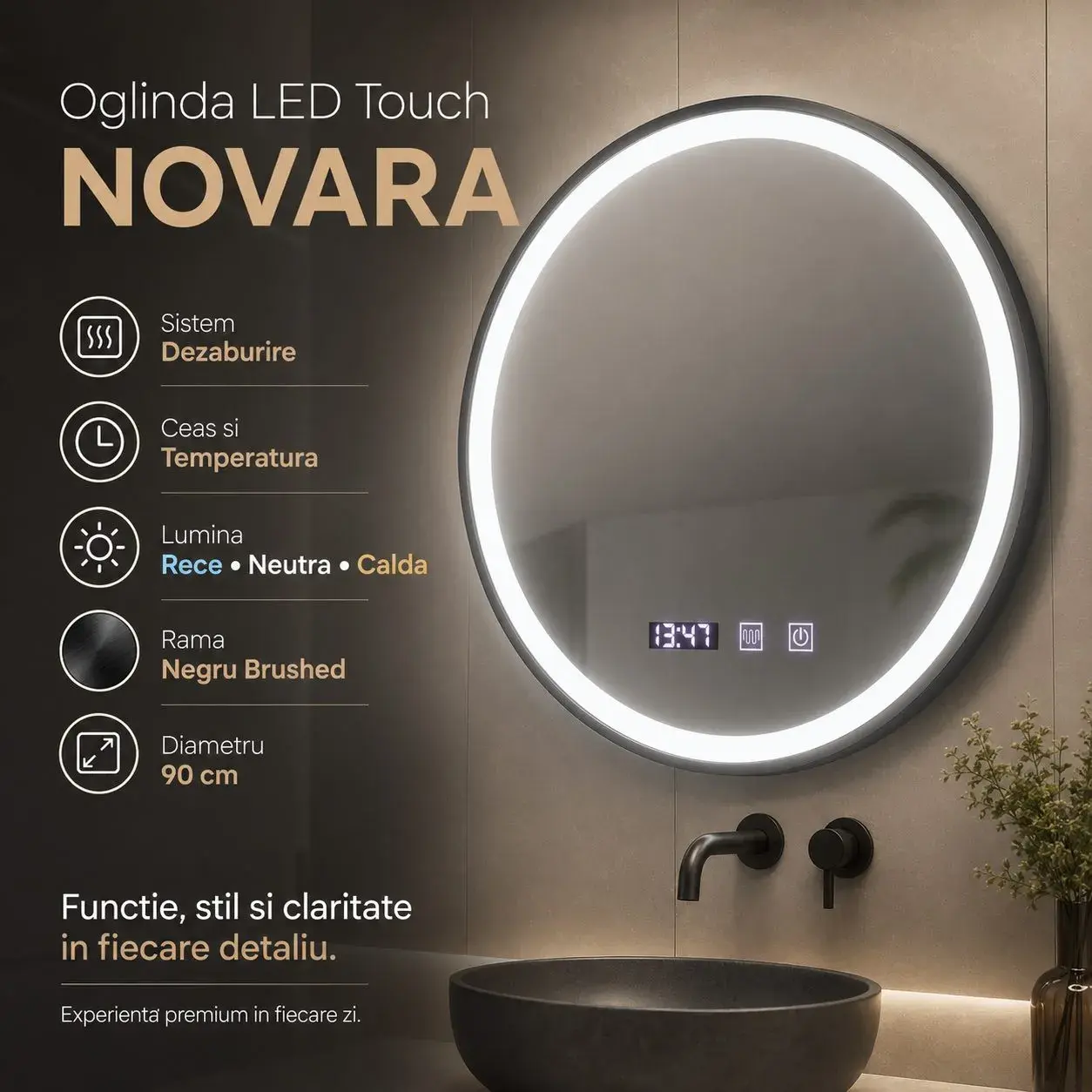 Oglinda LED Touch NOVARA Sistem Dezaburire, Ceas si Temperatura 90 cm Rama Negru Brushed (2)