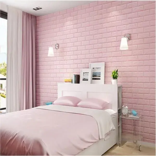 Set 10 Placi Tapet 3D, 70 x 77 cm, Grosime 3 mm, din Polietilena, Model Caramida, Suprafata acoperita 5.3 mp, Roz (2)