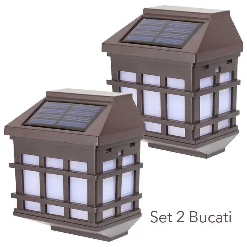 Lampa solara LED tip Felinar pentru perete, Set 2 Bucati, 11.5 x 8.3cm, 1.2V, ABS, 400mAh, Lumina Alb Cald, Maro (3)