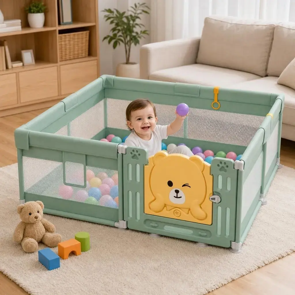 Tarc de Joaca pentru Bebelusi cu Poarta de Siguranta, DNT-147, 180 x 150 x 65 cm, pana la 3 ani, Spatiu de Joaca pentru Interior/Exterior, Portabil pentru Curte, Plasa Respirabila, ABS Poiester, Verde (6)