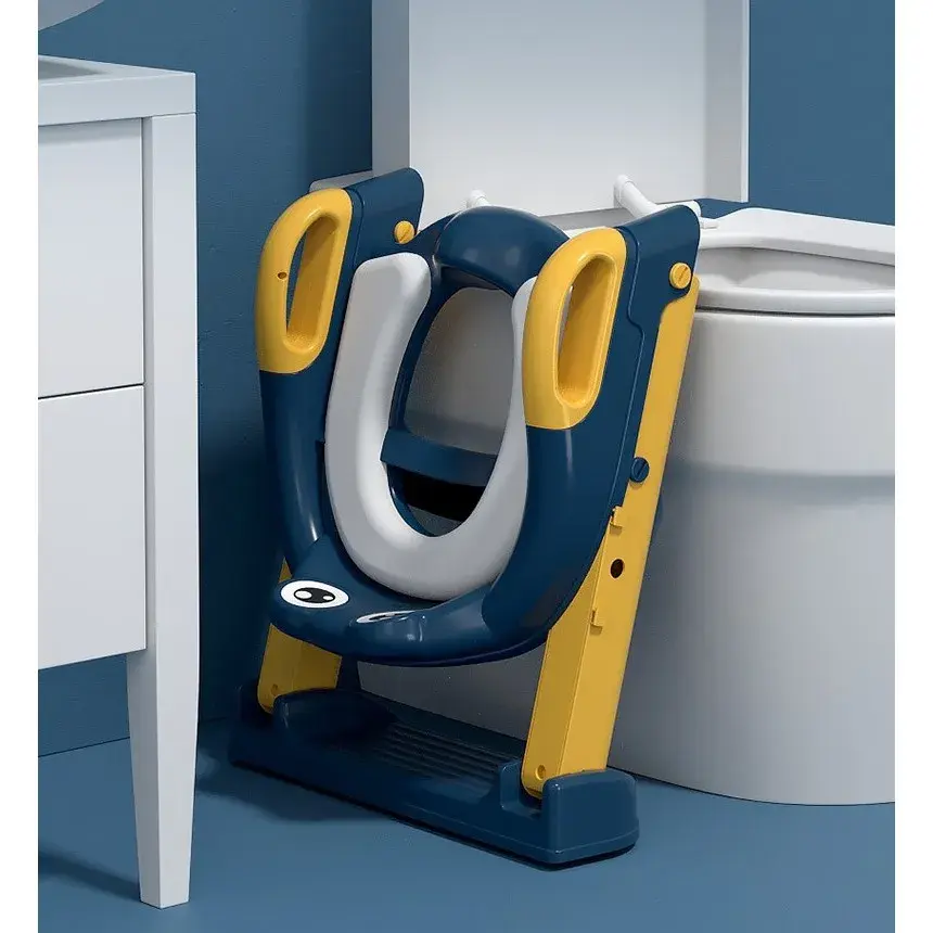 Reductor si Scaunel Inaltator WC, pentru Copii 1 - 7 Ani, 2 Trepte Reglabile, Pliabil, Colac Moale, cu Spatar si Manere, Inaltime 54/58 cm x 39.5 x 35 cm, din Plastic+PVC, Albastru/Portocaliu (2)