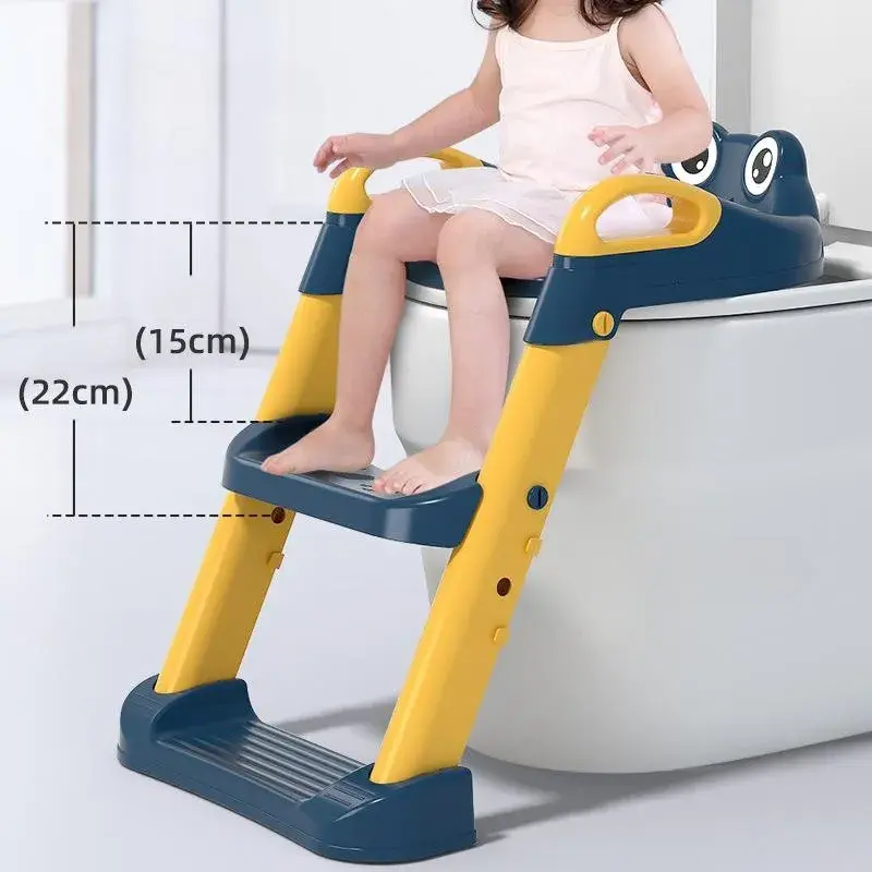 Reductor si Scaunel Inaltator WC, pentru Copii 1 - 7 Ani, 2 Trepte Reglabile, Pliabil, Colac Moale, cu Spatar si Manere, Inaltime 54/58 cm x 39.5 x 35 cm, din Plastic+PVC, Albastru/Portocaliu (4)