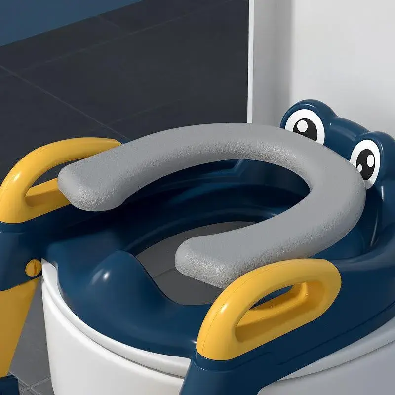 Reductor si Scaunel Inaltator WC, pentru Copii 1 - 7 Ani, 2 Trepte Reglabile, Pliabil, Colac Moale, cu Spatar si Manere, Inaltime 54/58 cm x 39.5 x 35 cm, din Plastic+PVC, Albastru/Portocaliu (5)