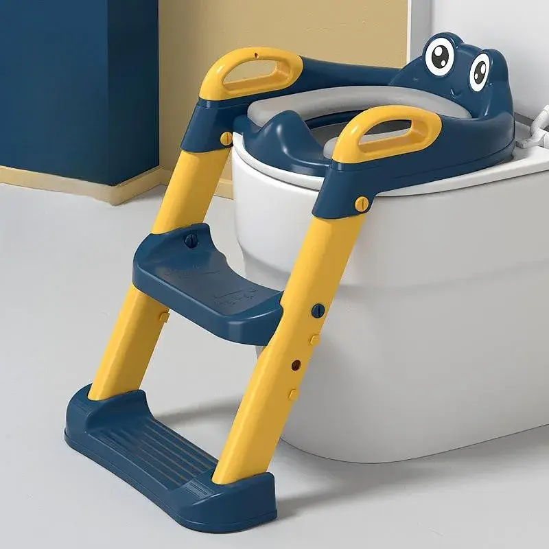 Reductor si Scaunel Inaltator WC, pentru Copii 1 - 7 Ani, 2 Trepte Reglabile, Pliabil, Colac Moale, cu Spatar si Manere, Inaltime 54/58 cm x 39.5 x 35 cm, din Plastic+PVC, Albastru/Portocaliu (6)