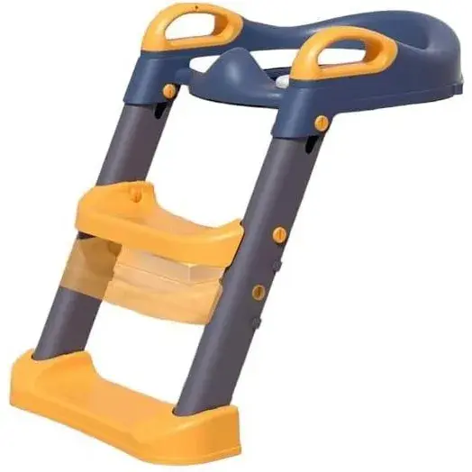 Reductor si Scaunel Inaltator WC, pentru Copii 1 - 7 Ani, 2 Trepte Reglabile, Pliabil, Colac Moale, cu Spatar si Manere, Inaltime 54/58 cm x 39.5 x 35 cm, din Plastic+PVC, Albastru/Portocaliu (7)