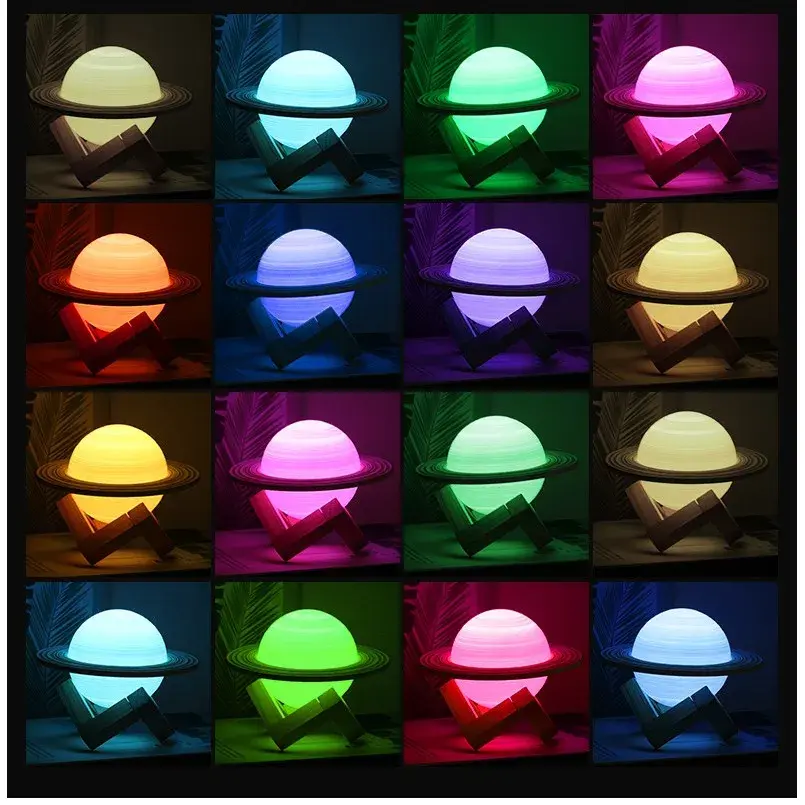 Lampa de veghe cu telecomanda in forma de Saturn 3D Saturn Light 16 culori, alimentare baterii, stand lemn inclus, 15 cm (2)