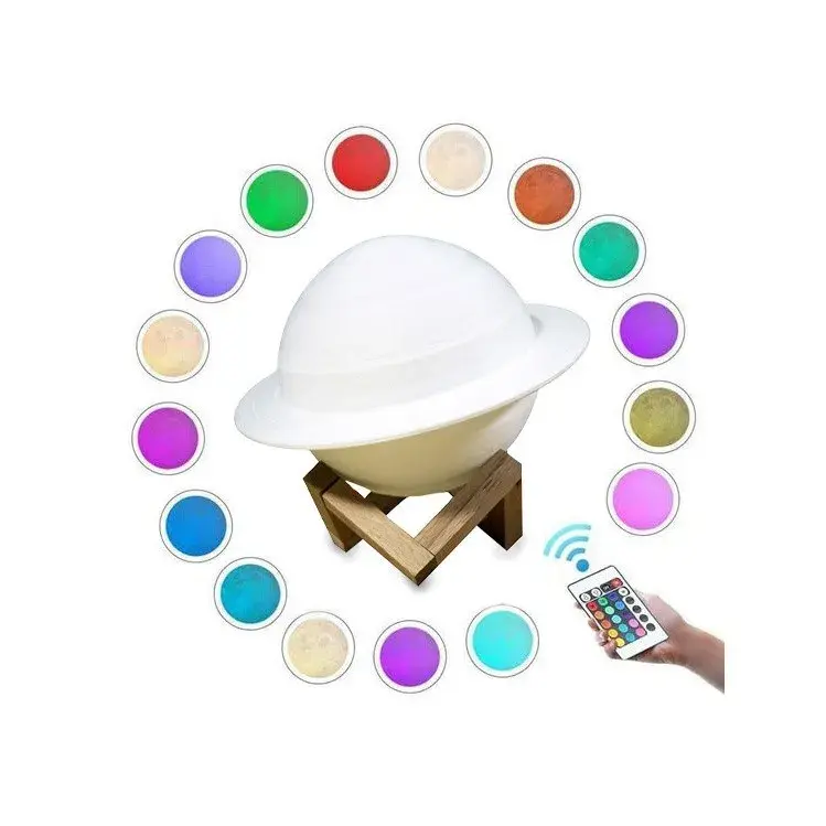 Lampa de veghe cu telecomanda in forma de Saturn 3D Saturn Light 16 culori, alimentare baterii, stand lemn inclus, 15 cm (3)