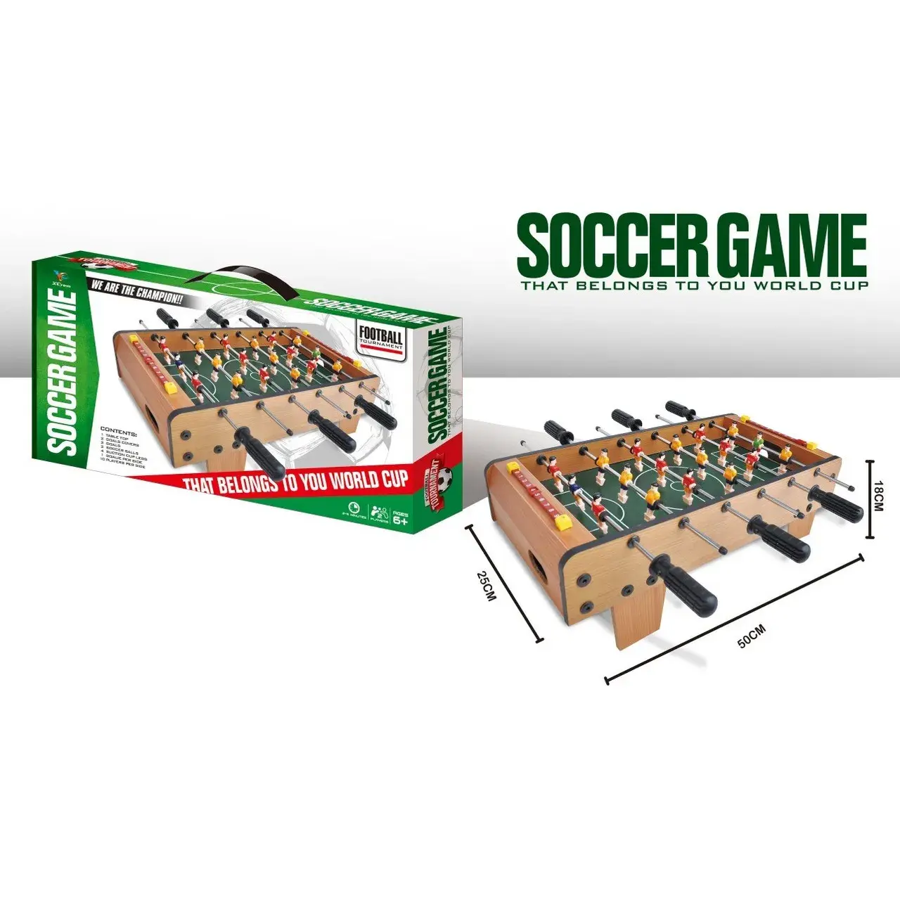 Masa de Fotbal cu Teren, cu Picioare Scurte, 6 Manere, Tablou de Scor, 50 x 25 x 18 cm, din Lemn/Otel/ABS, Maro (3)