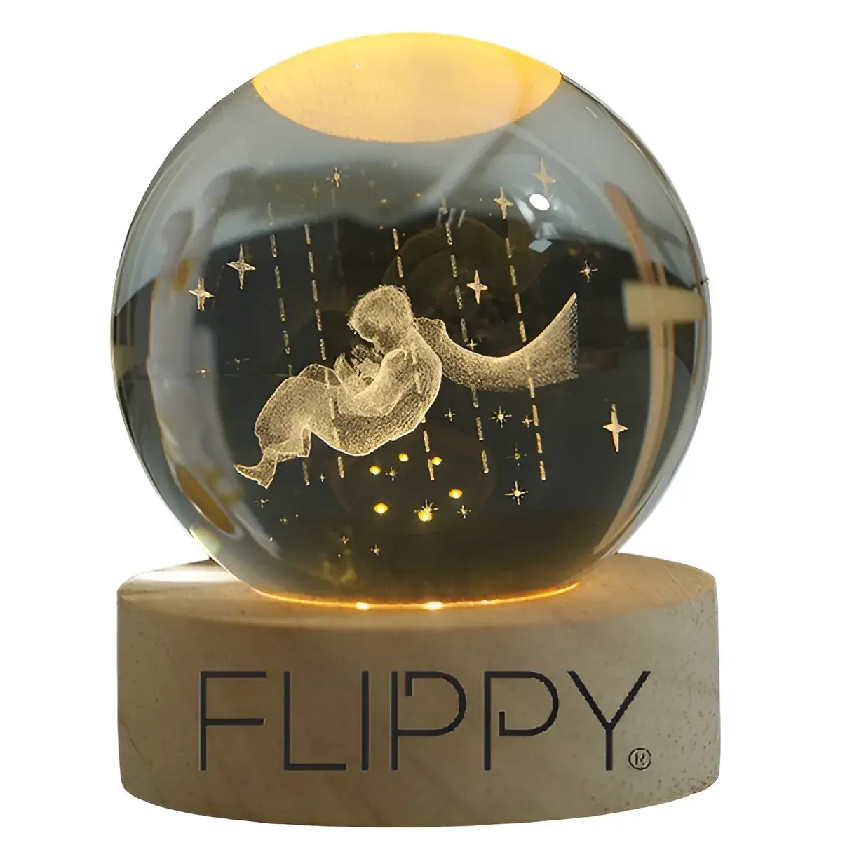 Lampa LED Decorativa, cu Bila de Cristal cu Diametru 6cm, Model Micul Print 3D, Alimentare USB, Suport din Lemn, Lumina Alb Cald
