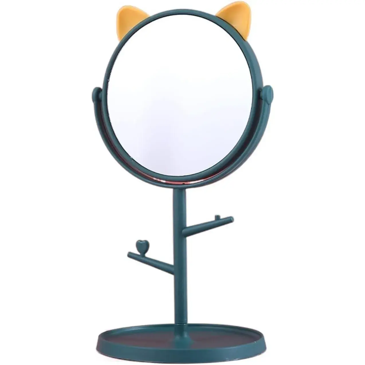 Oglina Cosmetica cu Picior, HD, Rotire 360 Grade, 15 cm Diametru, Suport Bijuterii Baza Rotunda + 2 Brate pentru Accesorii, Model cu Urechi Galbene de Ursulet, 31 x 14.5 x 15 cm, din Plastic, Albastru