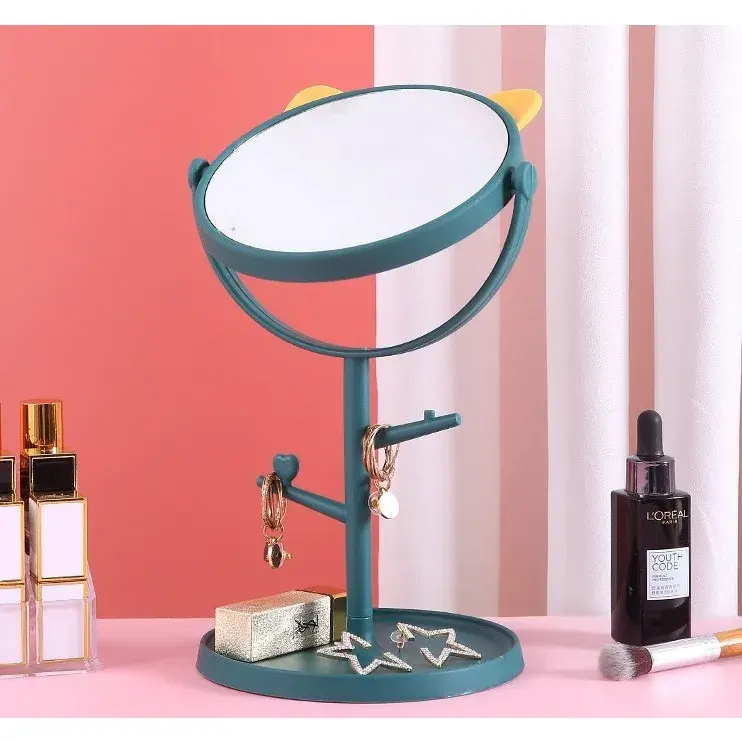 Oglina Cosmetica cu Picior, HD, Rotire 360 Grade, 15 cm Diametru, Suport Bijuterii Baza Rotunda + 2 Brate pentru Accesorii, Model cu Urechi Galbene de Ursulet, 31 x 14.5 x 15 cm, din Plastic, Albastru (4)