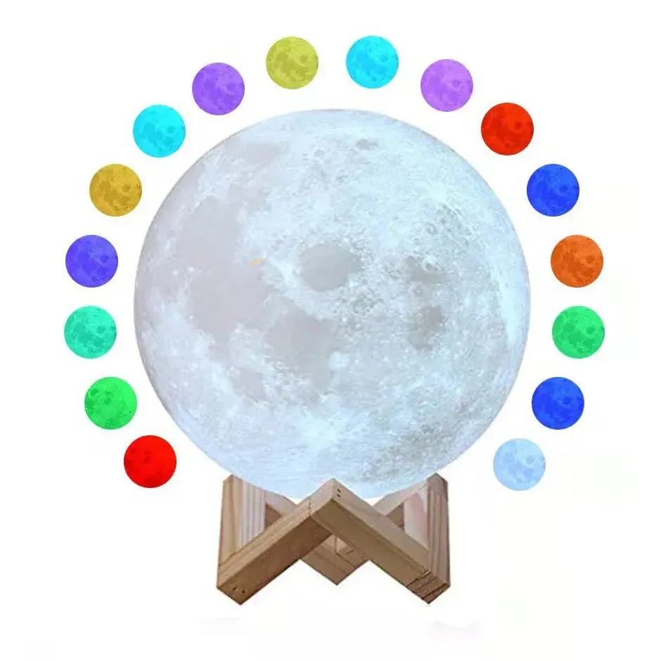 Lampa de veghe luna 3D Moon Light,lumina multicolora cu LED, 7 culori, schimbare culoare prin atingere, alimentare baterii, fara acumulator, stand din plastic inclus, 20 cm