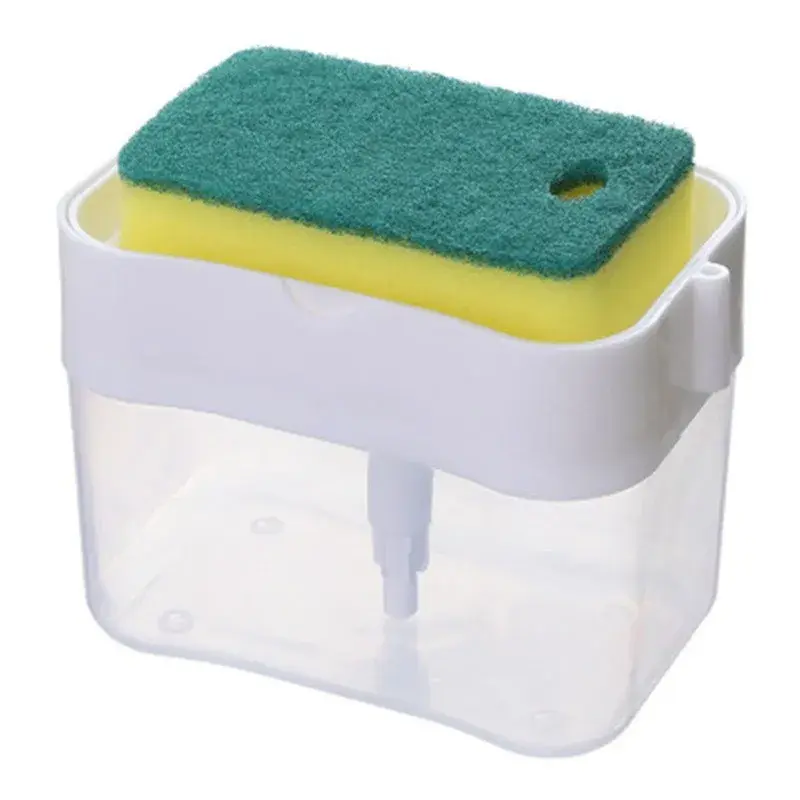 Dozator, Dispenser 2 in 1 pentru Detergent Lichid de Vase sau pentru Obiecte Sanitare cu Suport pentru Burete de Bucatarie,14 x 10.5 x 10 cm, capacitate 380 ml, alb