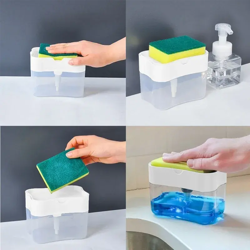 Dozator, Dispenser 2 in 1 pentru Detergent Lichid de Vase sau pentru Obiecte Sanitare cu Suport pentru Burete de Bucatarie,14 x 10.5 x 10 cm, capacitate 380 ml, alb (2)