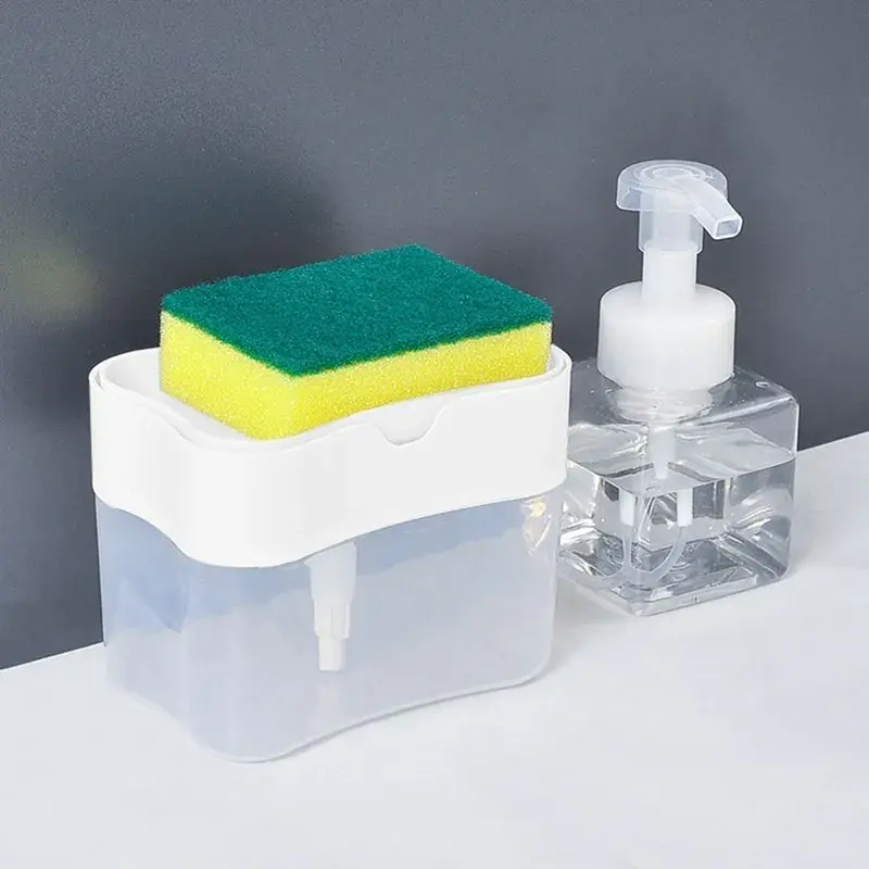 Dozator, Dispenser 2 in 1 pentru Detergent Lichid de Vase sau pentru Obiecte Sanitare cu Suport pentru Burete de Bucatarie,14 x 10.5 x 10 cm, capacitate 380 ml, alb (4)