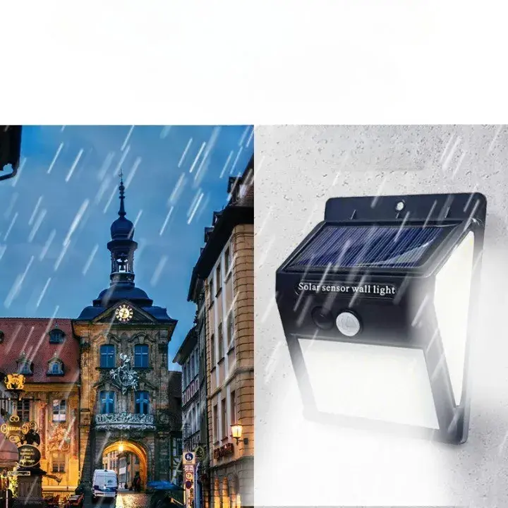 Lampa cu incarcare solara si senzor de miscare pentru exterior, 64 LED cu distanta de inductie, montaj pe perete, fara cabluri (3)