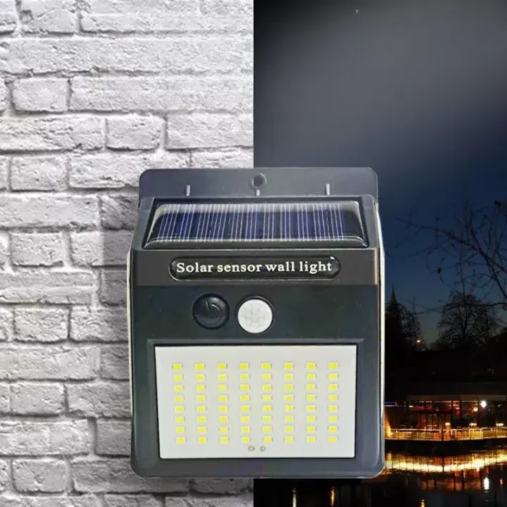 Lampa cu incarcare solara si senzor de miscare pentru exterior, 64 LED cu distanta de inductie, montaj pe perete, fara cabluri (5)
