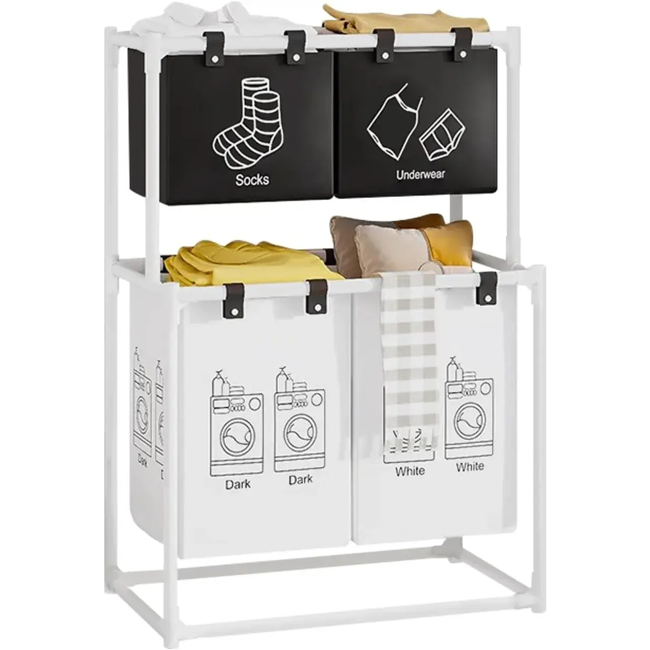Cos de Rufe, cu 2 Etaje, 4 Cosuri, Cadru de Otel Inoxidabil, 97x44x57 cm, Alb (5)