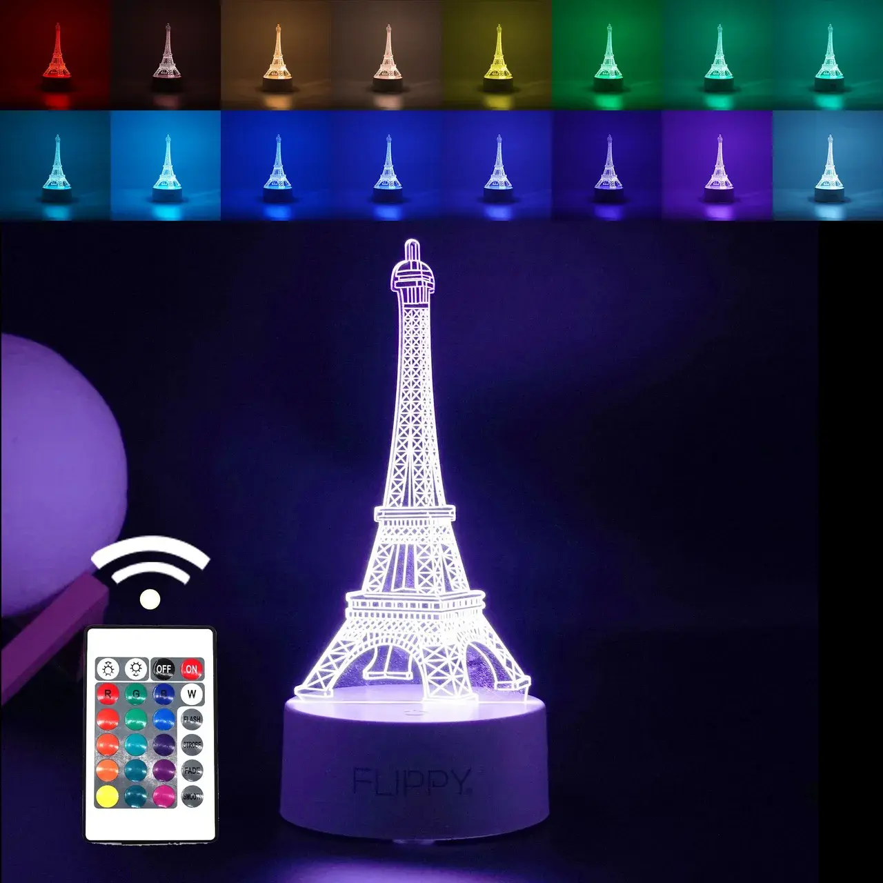 Lampa LED decorativa, 3D, Turnul Eiffel, din material acril si lumina multicolora, alb