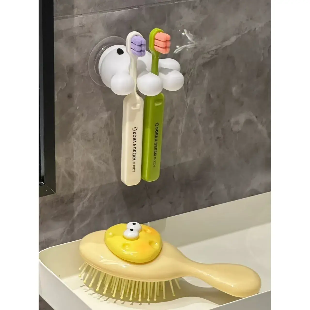 Suport de Baie, Multifunctional, pentru Periute/Cabluri, din PVC, cu Ventuza, Model Manusa Mickey Mouse, 7 x 6.5 cm, Alb (5)