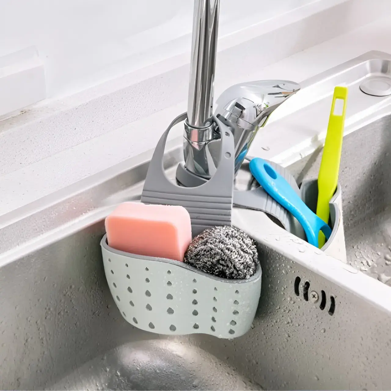 Suport Scurgere pentru Burete si Laveta de Vase Bucatarie, Curea Reglabila, Plastic Flexibil, 15x 5x (4)