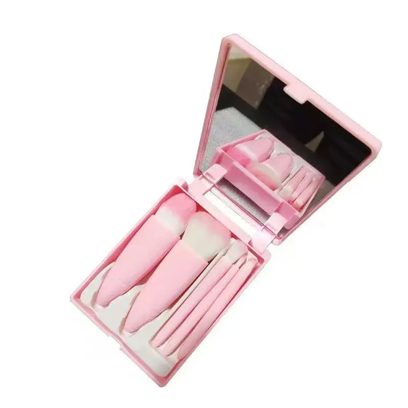 Set 5 Mini Pensule de Machiaj, Portabile, in Carcasa cu Oglinda, din Par Sintetic Moale, 12x7x2.5 cm (12)