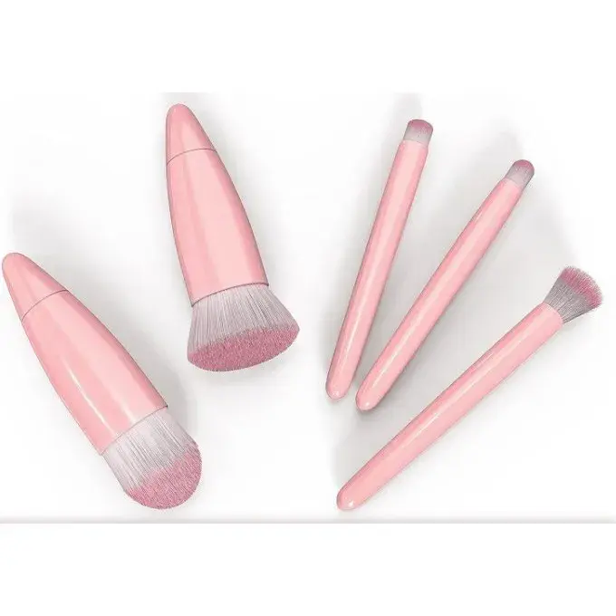 Set 5 Mini Pensule de Machiaj, Portabile, in Carcasa cu Oglinda, din Par Sintetic Moale, 12x7x2.5 cm (13)