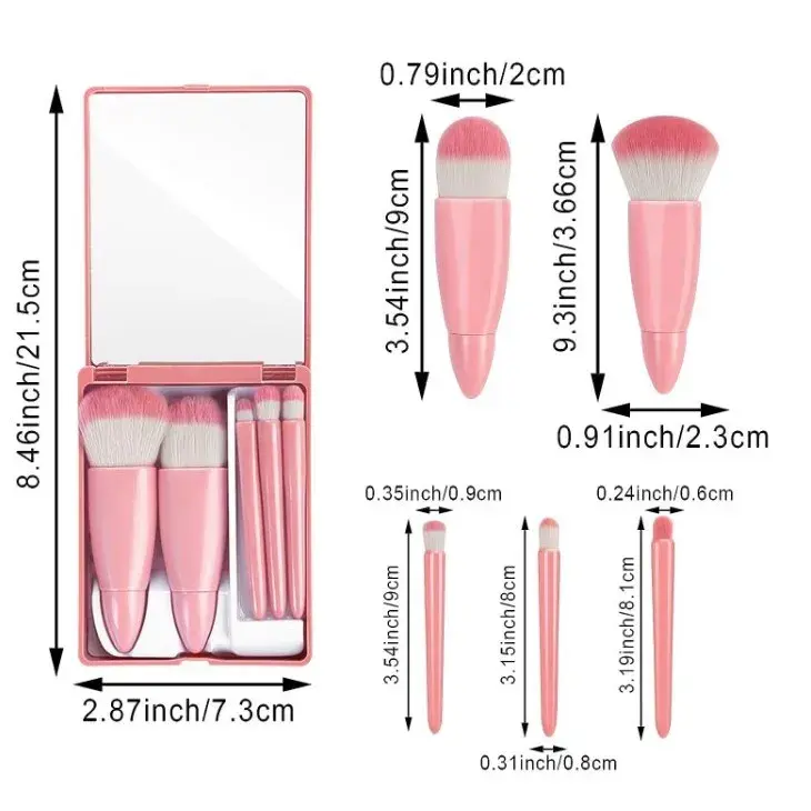 Set 5 Mini Pensule de Machiaj, Portabile, in Carcasa cu Oglinda, din Par Sintetic Moale, 12x7x2.5 cm (14)