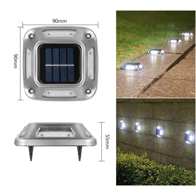 Lampa solara LED pentru gradina, Set 4 Bucati, 8 LED-uri, Prindere de Perete / Impamantare, IP65, forma patrat, ABS si Policarbonat, 9 x 9 cm, baterie 1.2V, 600 mah, Alb Rece, Gri