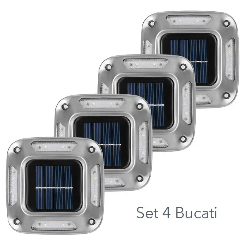 Lampa solara LED pentru gradina, Set 4 Bucati, 8 LED-uri, Prindere de Perete / Impamantare, IP65, forma patrat, ABS si Policarbonat, 9 x 9 cm, baterie 1.2V, 600 mah, Alb Rece, Gri (3)