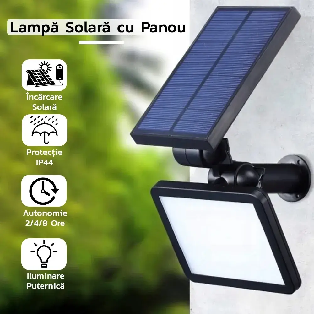 Lampa solara pentru terasa/gradina 48 de LED-uri, cu 2 moduri de fixare, senzor de lumina, IP44, material ABS, 5W, 80 lm, 26.5 cm x 14 cm, Alb Rece