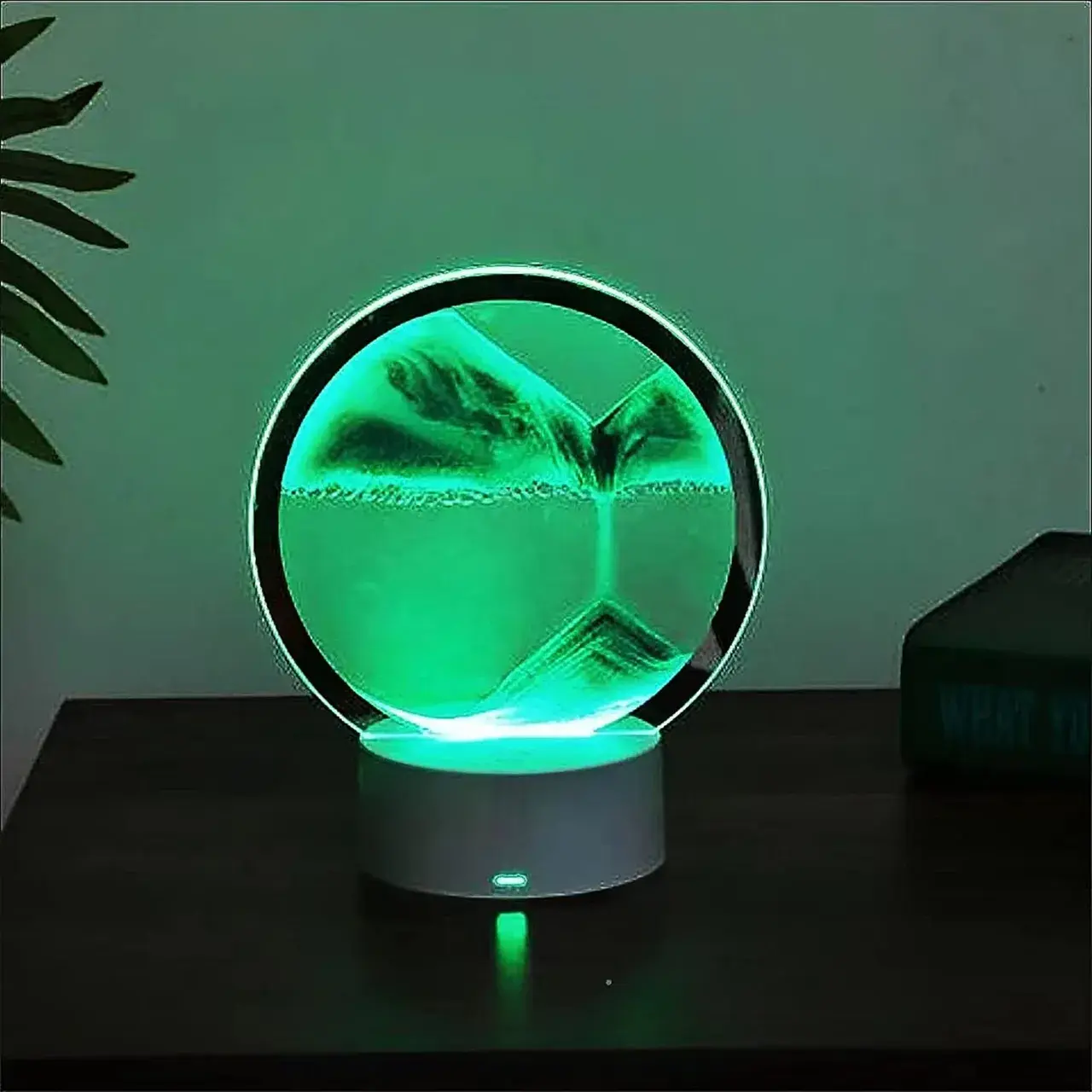 Lampa decorativa tip clepsidra, imagine 3D dinamica, nisipuri miscatoare, 16 x 18.5 cm, Verde (5)