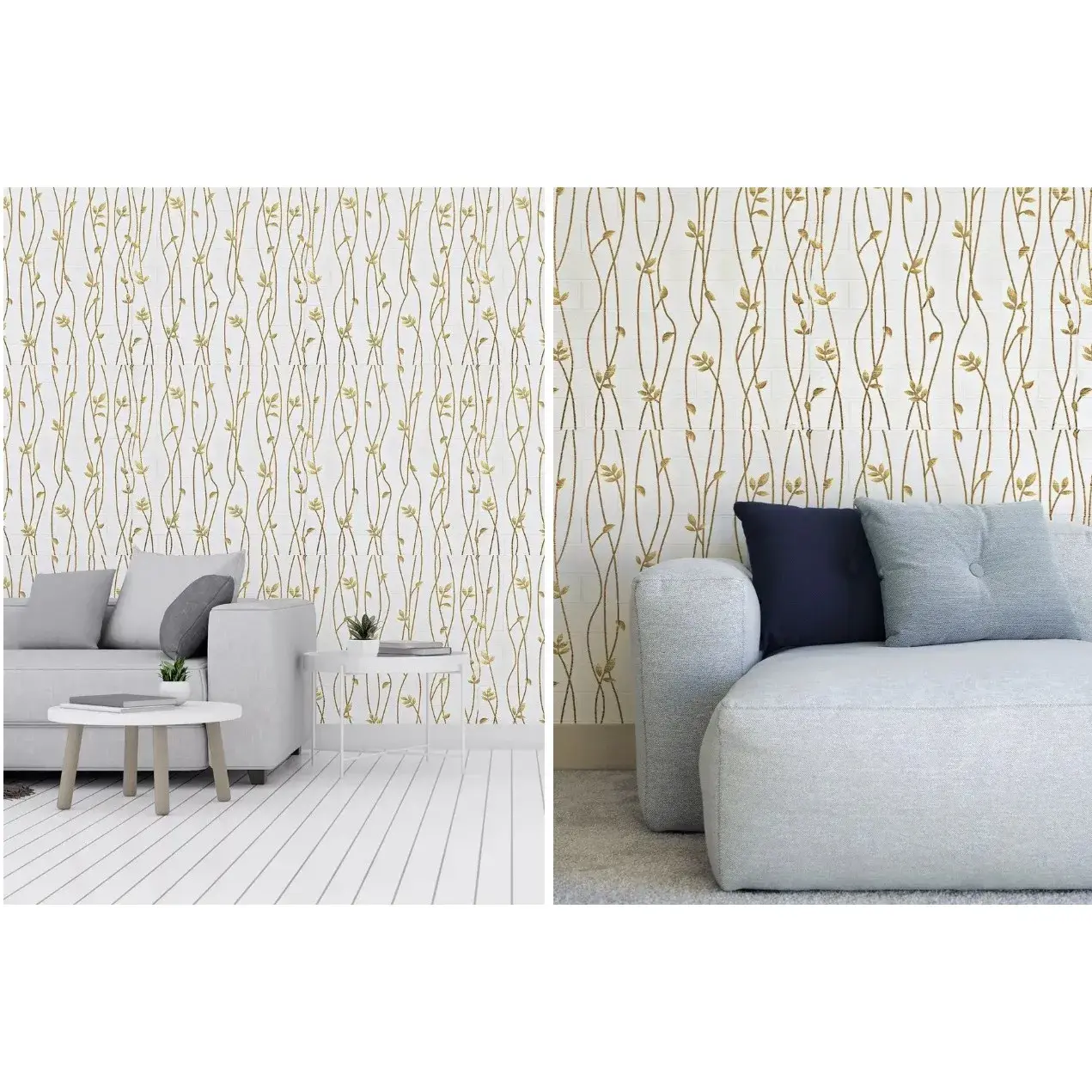 Set 10 Placi de Tapet, Autoadezive, 70 x 77 cm, Suprafata Acoperita 5.3 mp, din PVC, Model Frunze Aurii, Bej (2)