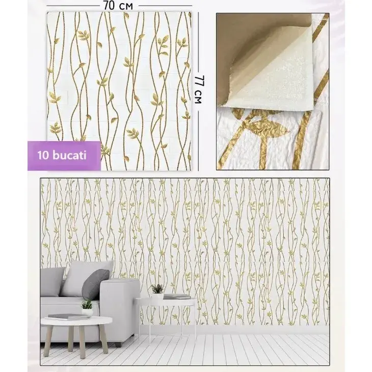 Set 10 Placi de Tapet, Autoadezive, 70 x 77 cm, Suprafata Acoperita 5.3 mp, din PVC, Model Frunze Aurii, Bej (4)