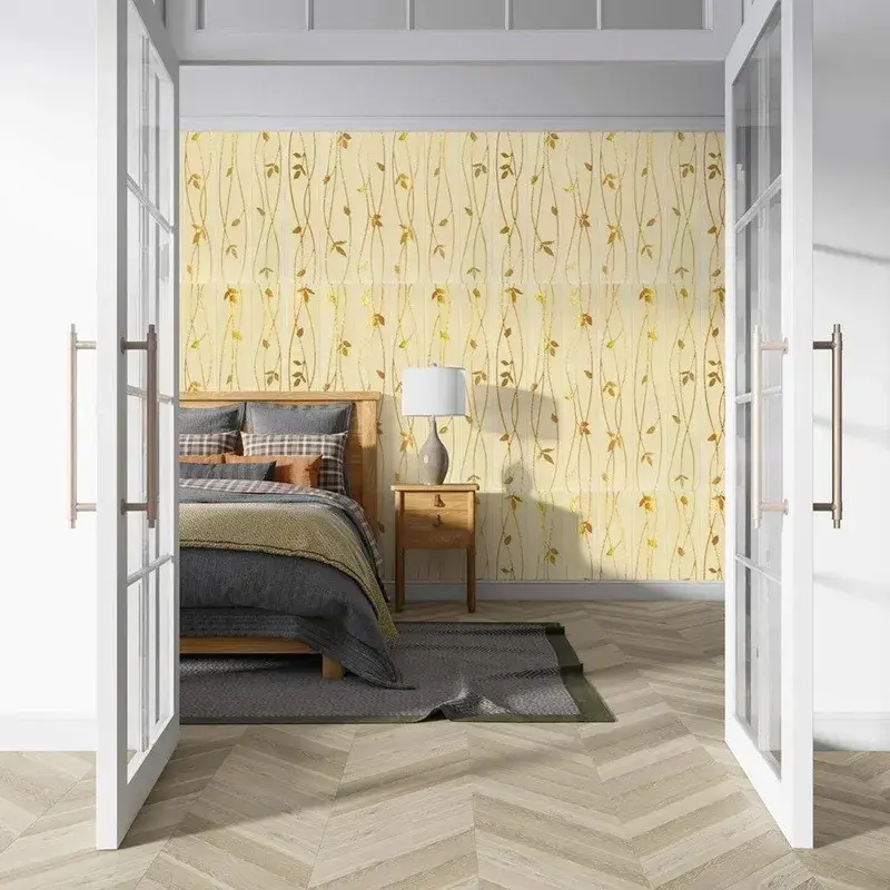 Set 10 Placi de Tapet, Autoadezive, 70 x 77 cm, Suprafata Acoperita 5.3 mp, din PVC, Model Frunze Aurii, Bej (5)
