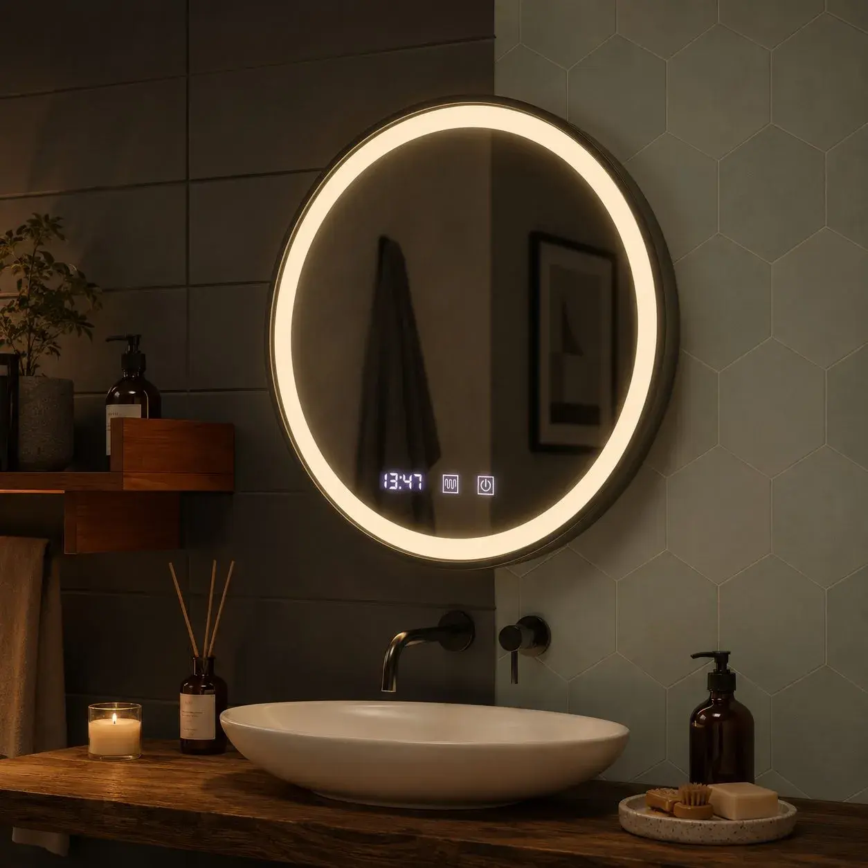 Oglinda LED NOVARA, Touch, Sistem Dezaburire, Ceas si Temperatura, Diametru 80 cm, Rama Negru Brushed (2)