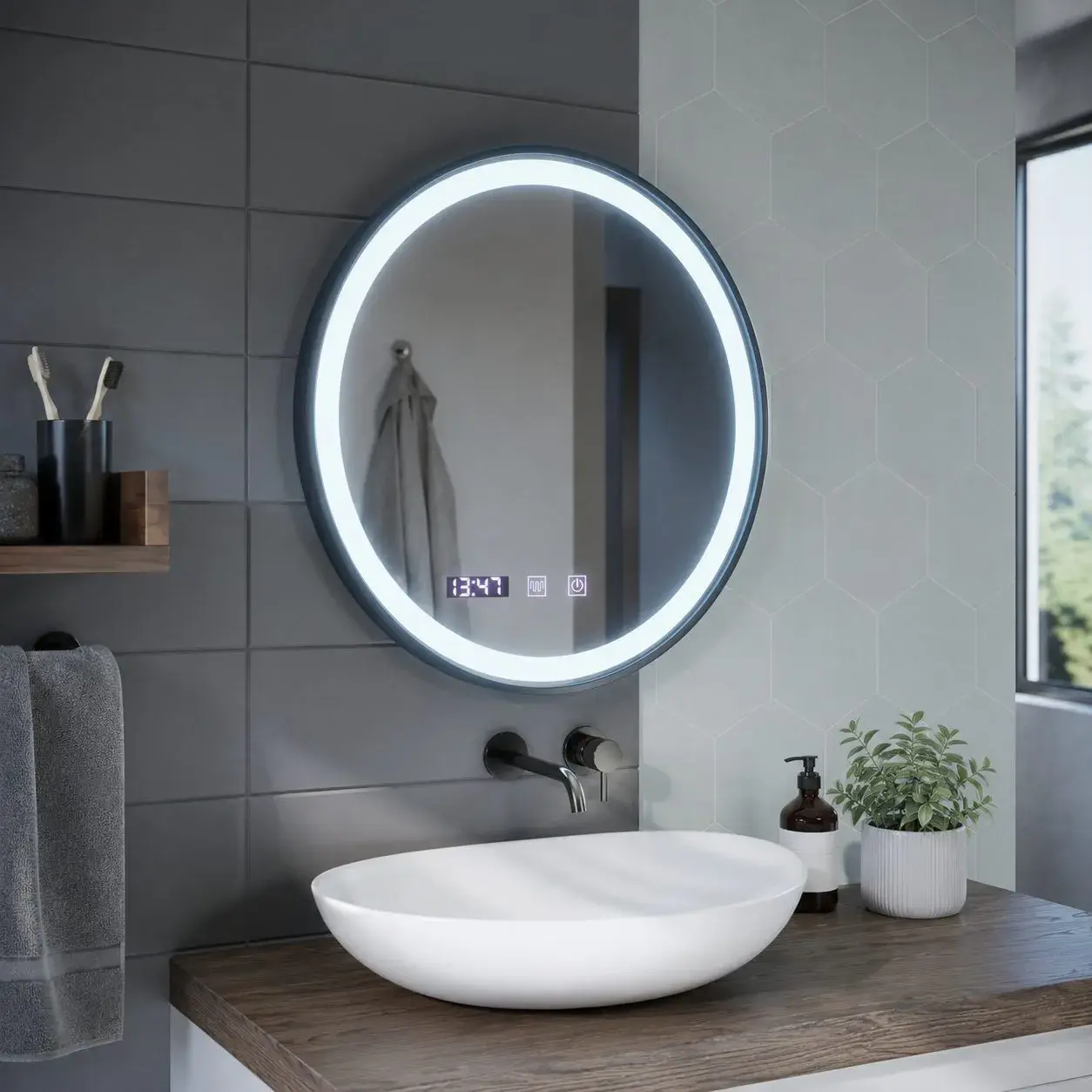 Oglinda LED NOVARA, Touch, Sistem Dezaburire, Ceas si Temperatura, Diametru 80 cm, Rama Negru Brushed (3)