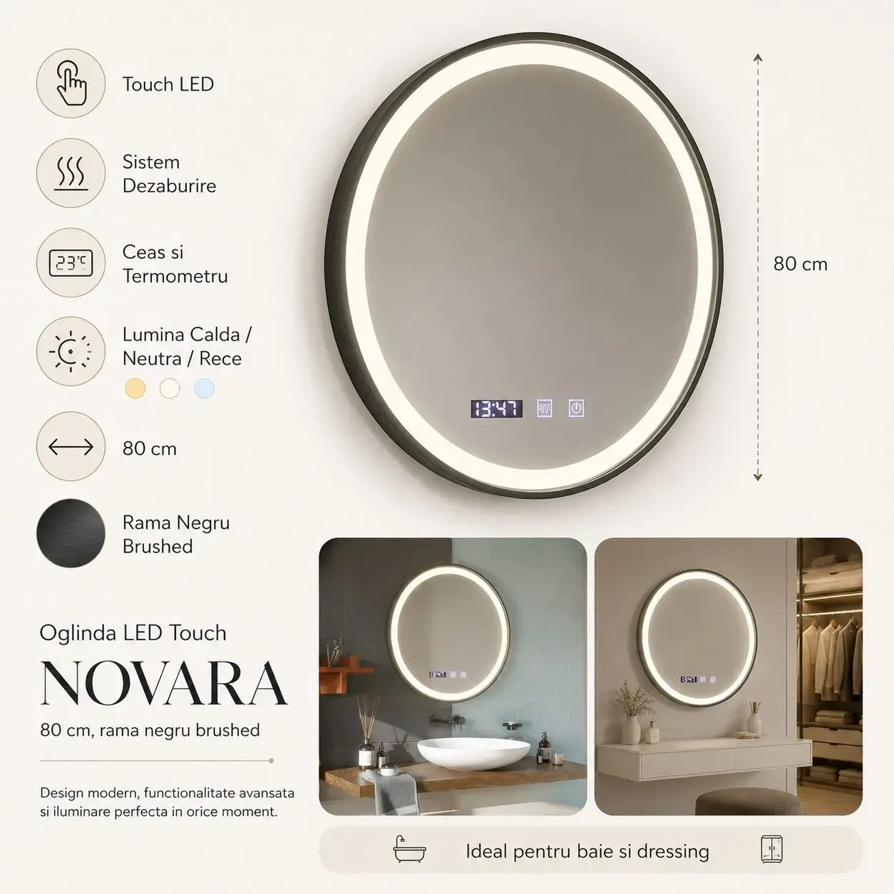 Oglinda LED NOVARA, Touch, Sistem Dezaburire, Ceas si Temperatura, Diametru 80 cm, Rama Negru Brushed (4)