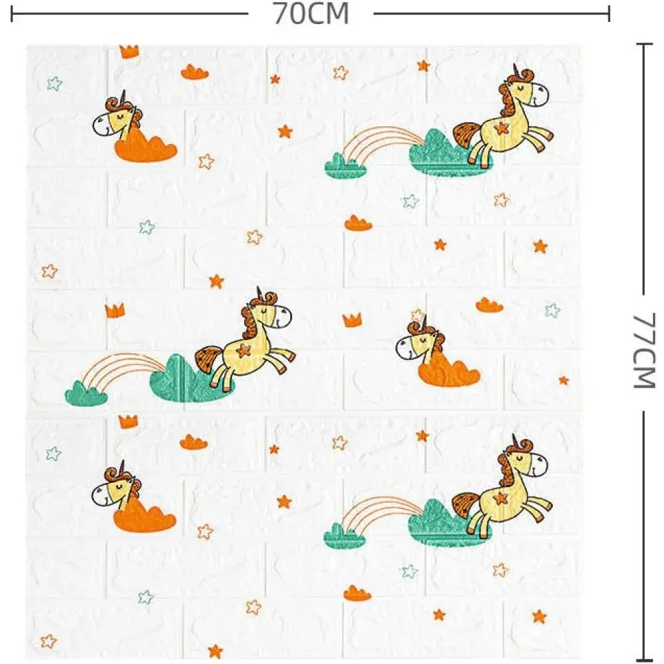Set 10 Placi Tapet 3D, 70 x 77 cm, Grosime 3 mm, din Polietilena, Tip Caramida, Model Unicorni, Suprafata acoperita 5.3 mp, Alb (2)