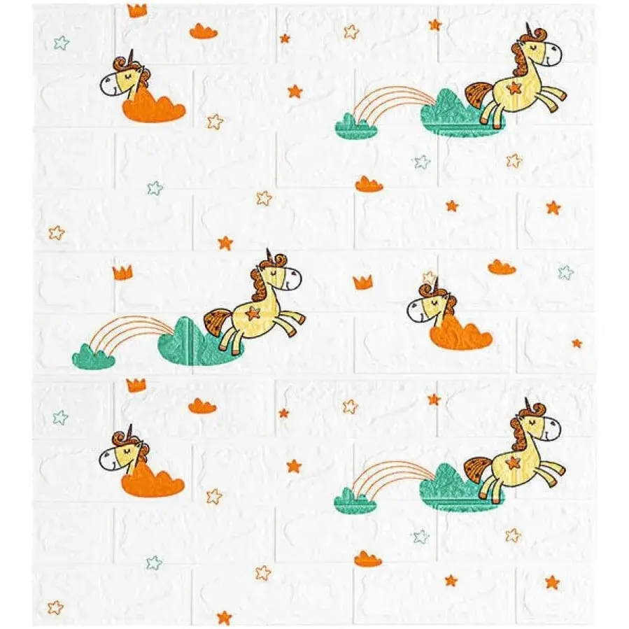 Set 10 Placi Tapet 3D, 70 x 77 cm, Grosime 3 mm, din Polietilena, Tip Caramida, Model Unicorni, Suprafata acoperita 5.3 mp, Alb (3)