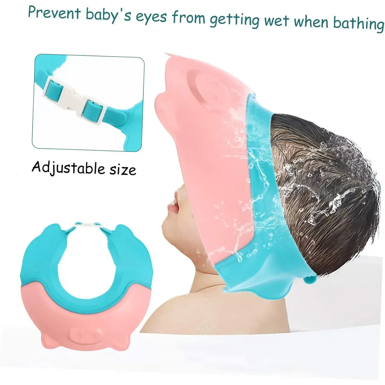 Viziera de Protectie Baie Pentru Copii, Fippy, Model Purcelus, Dimensiune ajustabila, Durabil, Usor de curatat, Impotriva Samponului, pentru Ochi si Urechi, TPE+PP, 23x23 cm, Roz (3)