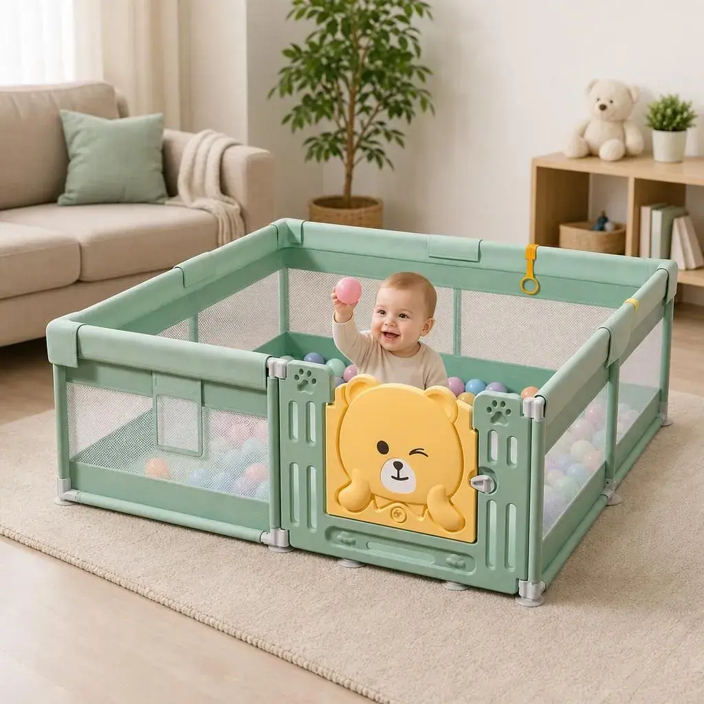 Tarc de Joaca pentru Bebelusi cu Poarta de Siguranta, DNT-147, 200 x 180 x 65 cm, pana la 3 ani, Spatiu de Joaca pentru Interior/Exterior, Portabil pentru Curte, Plasa Respirabila, ABS Poiester, Verde (2)