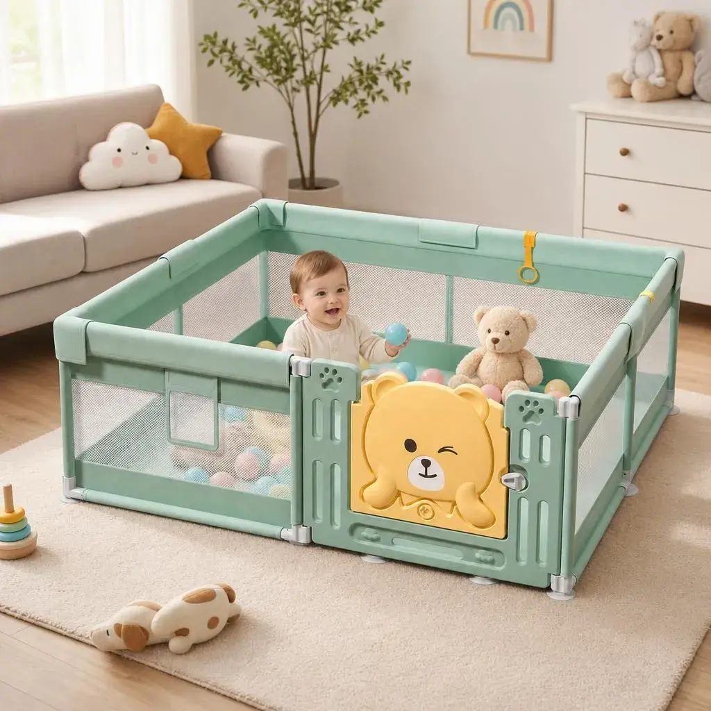 Tarc de Joaca pentru Bebelusi cu Poarta de Siguranta, DNT-147, 200 x 180 x 65 cm, pana la 3 ani, Spatiu de Joaca pentru Interior/Exterior, Portabil pentru Curte, Plasa Respirabila, ABS Poiester, Verde (3)