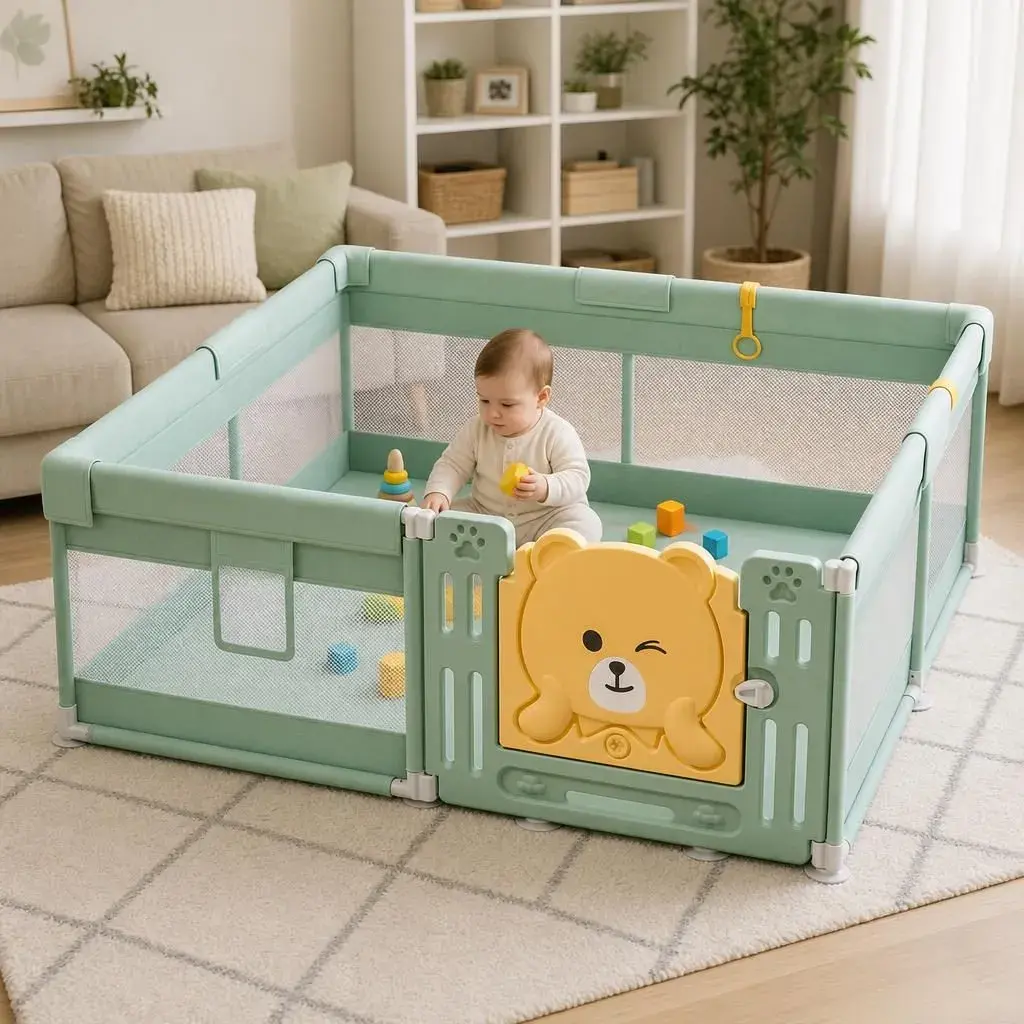 Tarc de Joaca pentru Bebelusi cu Poarta de Siguranta, DNT-147, 200 x 180 x 65 cm, pana la 3 ani, Spatiu de Joaca pentru Interior/Exterior, Portabil pentru Curte, Plasa Respirabila, ABS Poiester, Verde (4)