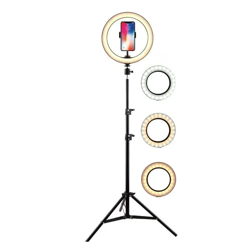 Lampa LED Circulara cu Trepied Metalic Extensibil, Rotativa 360 de Grade, Lungime Extensie 210 cm, Diametru Lampa 26 cm, Conectare USB, Telecomanda, 3 Trepte de Lumina, Negru