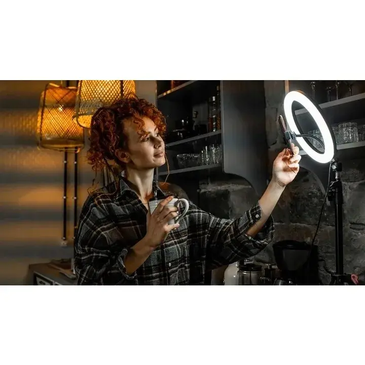 Lampa LED Circulara cu Trepied Metalic Extensibil, Rotativa 360 de Grade, Lungime Extensie 210 cm, Diametru Lampa 26 cm, Conectare USB, Telecomanda, 3 Trepte de Lumina, Negru (3)