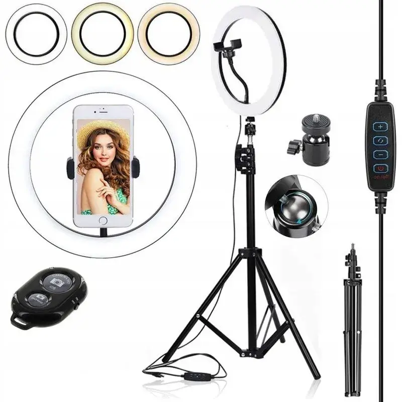 Lampa LED Circulara cu Trepied Metalic Extensibil, Rotativa 360 de Grade, Lungime Extensie 210 cm, Diametru Lampa 26 cm, Conectare USB, Telecomanda, 3 Trepte de Lumina, Negru (4)