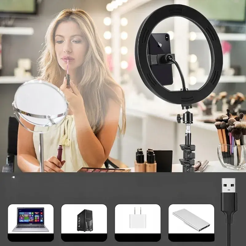 Lampa LED Circulara cu Trepied Metalic Extensibil, Rotativa 360 de Grade, Lungime Extensie 210 cm, Diametru Lampa 26 cm, Conectare USB, Telecomanda, 3 Trepte de Lumina, Negru (5)